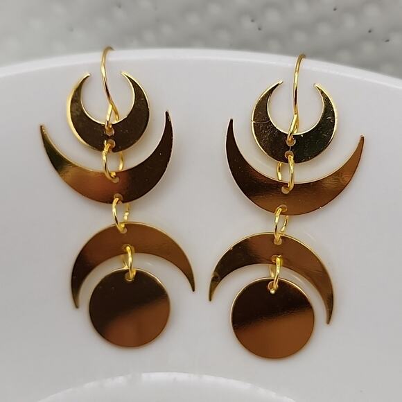 Golden Dangling Crescent Moon Earrings - Picture 1 of 2